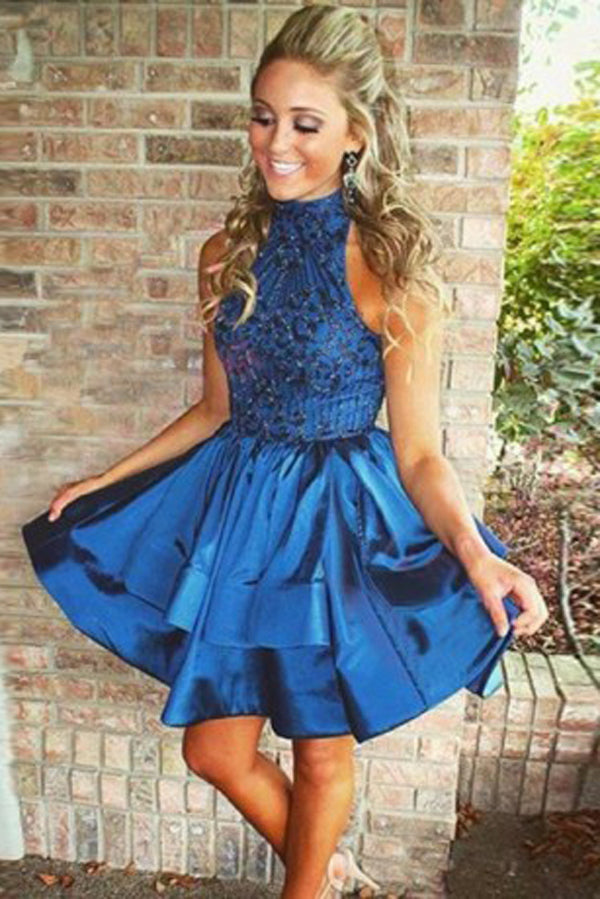 Navy Blue Sleeveless Short Homecoming Dress,Prom Dress with Rhinestones –  Simibridaldresses