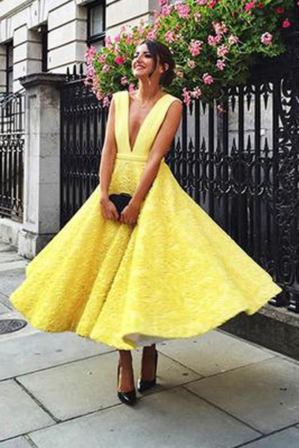 Cute Yellow Tea Length Deep V neck Homecoming Dress Lace Short Prom Dress SH307 Simidress