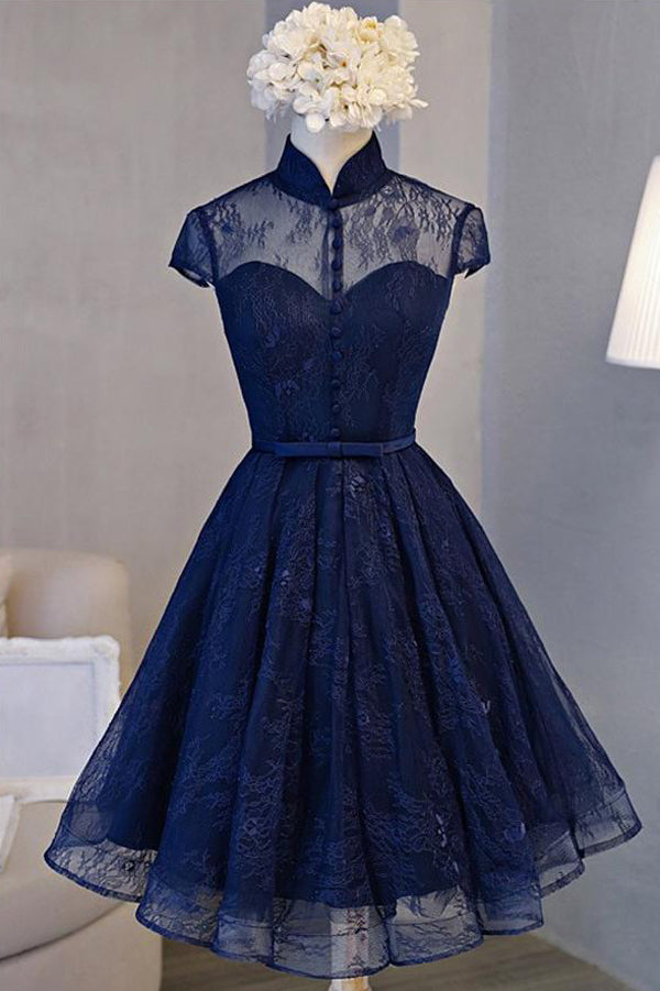 Graduation Dress Royal Blue A-line Halter Short Vintage Lace