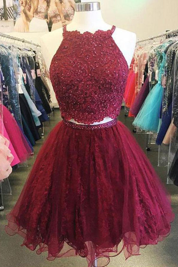 Cute Red A-line Halter Two Piece Lace Short Prom Dress Homecoming Dresses,  SH418 – Simidress