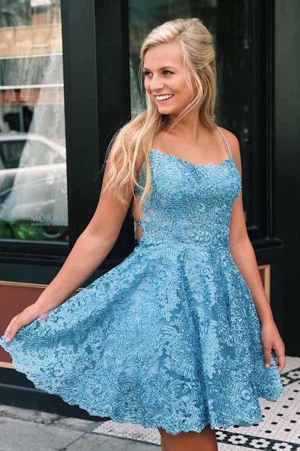 Beautiful Lace Blue A-line Spaghetti Straps Cross Back Homecoming Dresses,  SH512