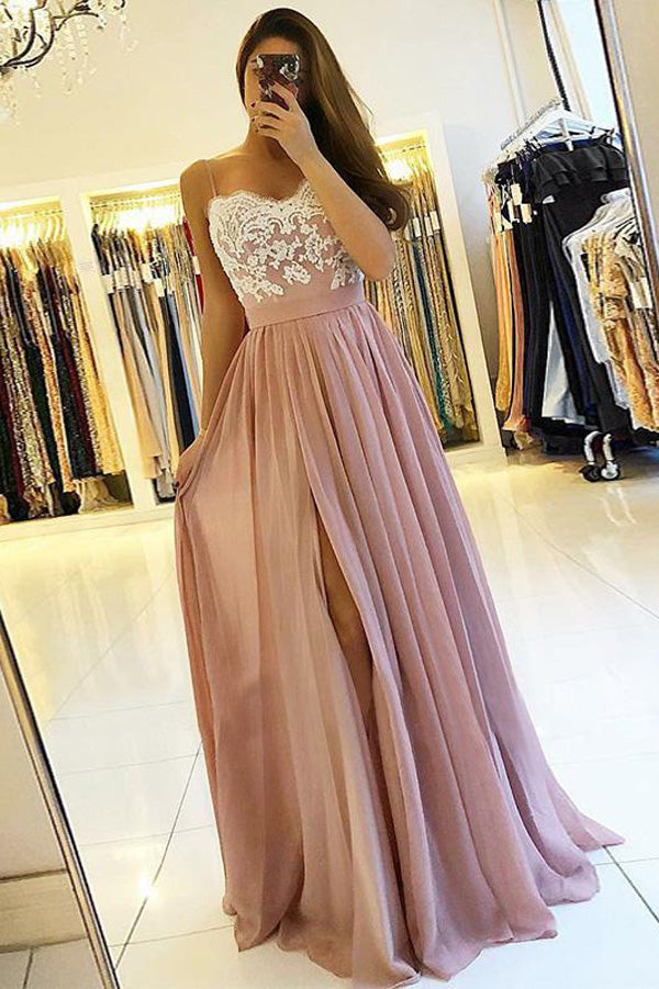 Dusty Rose Spaghetti Straps Lace Bodice Long Prom Dresses with Slit, SP349  – Simidress