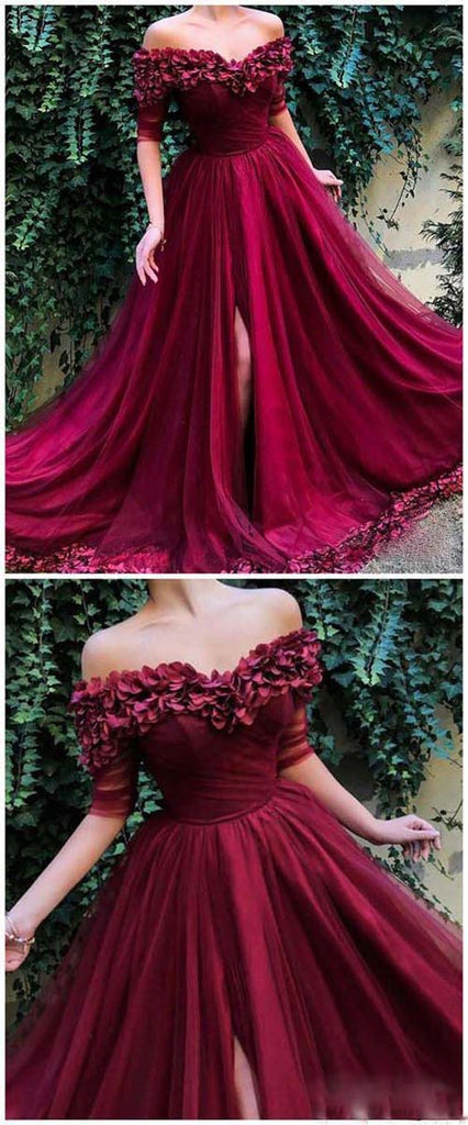 Burgundy Long Slit Half Sleeve Off Shoulder Hand-Made Flower Prom Dress ...