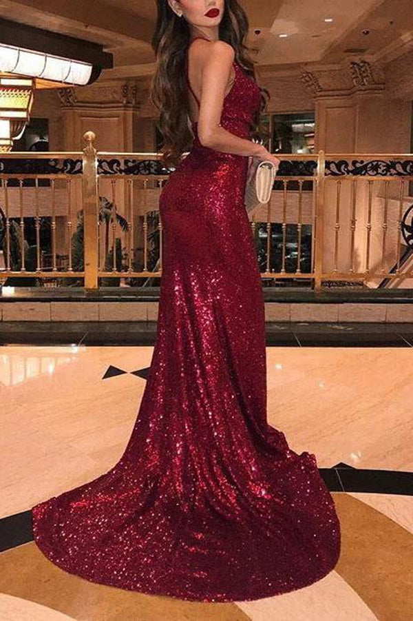 Shiny Burgundy Sequins Mermaid Long Prom Dresses Evening Dresses with Simidress