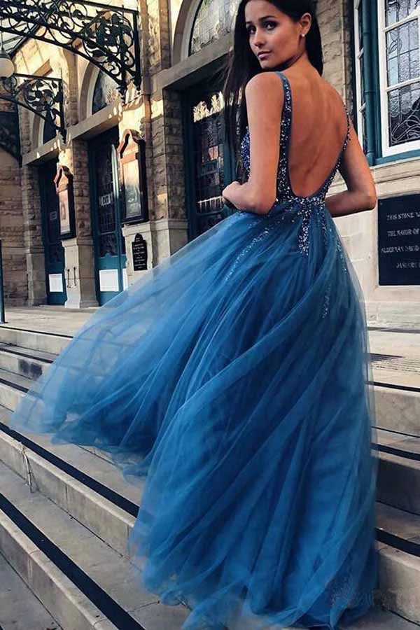 Backless Blue Long Prom Dresses, Open Back Blue Long Formal