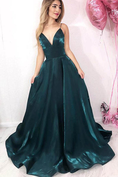 Sparkly Dark Green A Line V Neck Spaghetti Straps Long Prom Dress with ...