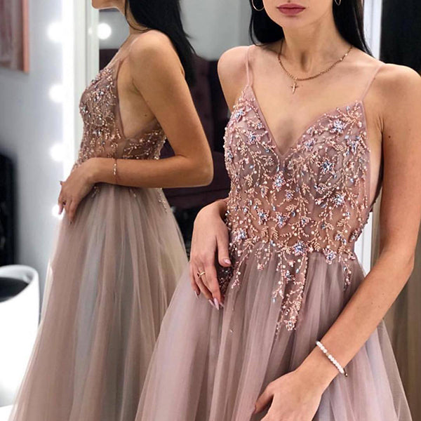 Tulle Deep V Neck Spaghetti Straps Long Prom Dress