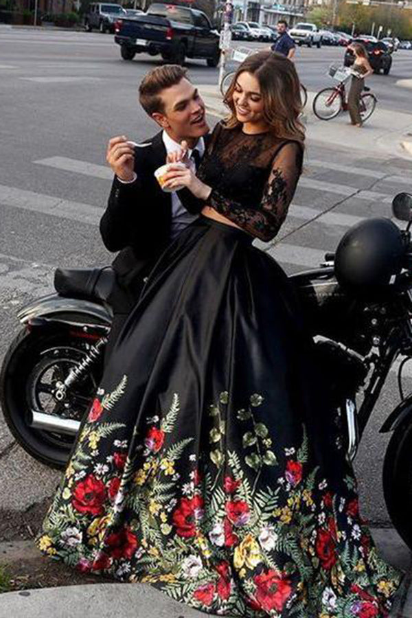 Two Piece Prom Dresses Black Lace Floral Print Long Sleeves Prom Dresses,  SP613