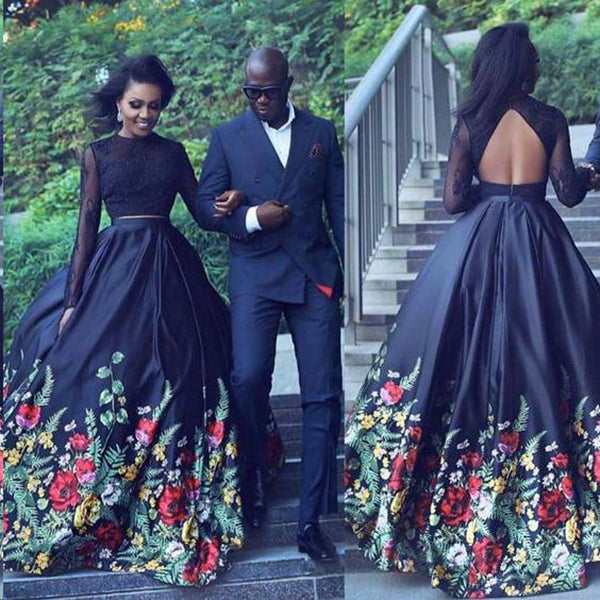 Two Piece Prom Dresses Black Lace Floral Print Long Sleeves Prom Dresses,  SP613