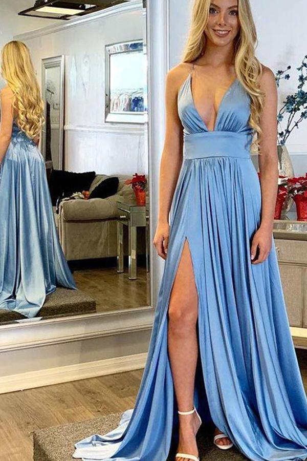 Simple Blue Satin A Line V Neck Spaghetti Straps Prom Dresses with Spl ...