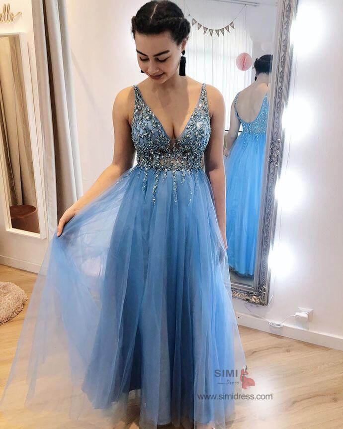 A Line V Neck Light Blue Royal Blue Prom Dresses, Blue Satin Long Formal  Graduation Dresses