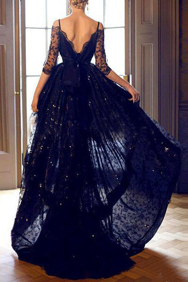 Two Piece Prom Dresses Black Lace Floral Print Long Sleeves Prom Dress –  Simidress