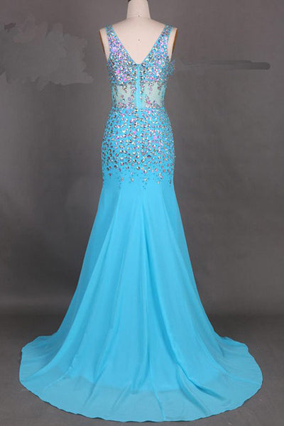 V-Neck Mermaid Prom Dress,Court Train Chiffon Prom Dress With Beading ...