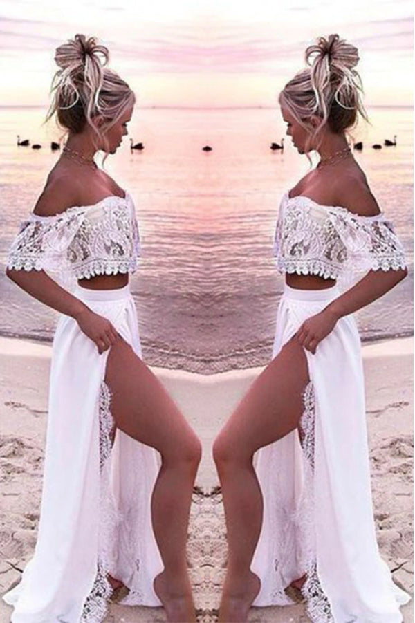 Two Piece Lace Boho Beach Wedding Dresses Off The Shoulder Mermaid Bridal  Gowns | eBay