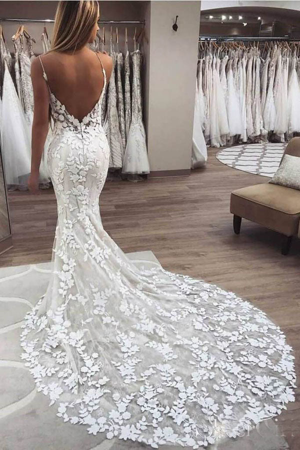 Ivory Spaghetti Strap Lace Open Back Side Split Beach Wedding Dresses –  Simidress