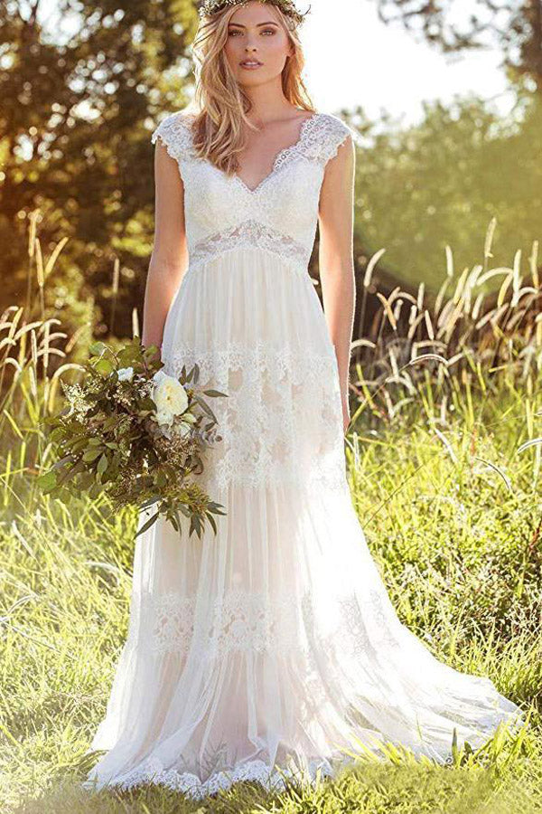 Gorgeous White Lace A-line V-neck Beach Wedding Dresses Bridal Gown ...