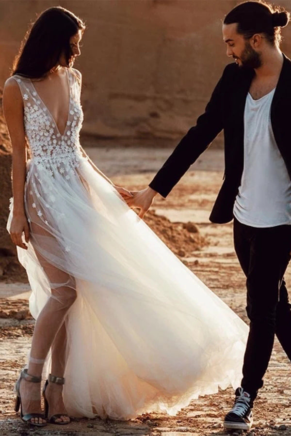 Fabulous See through A line V neck Beach Wedding Dresses with Side Slit SW288 Simidress