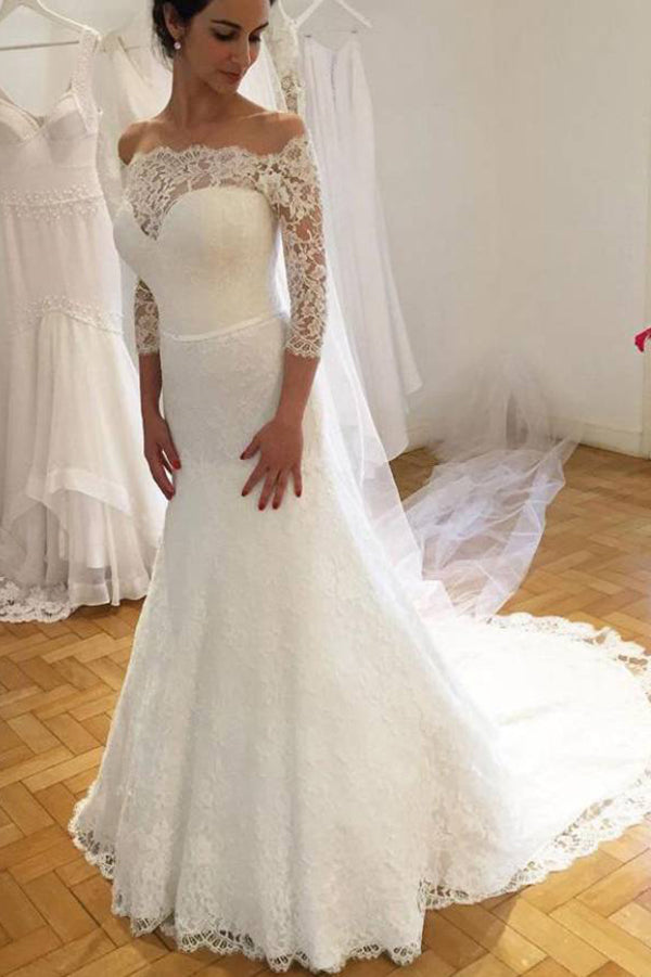 Long Sleeve Off The Shoulder Sheath Wedding Dress With Lace Bodice
