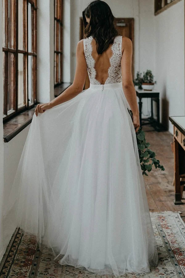 Elegant White Lace A-line V-neck Sleeveless Wedding Dresses, Bridal Go –  Simidress