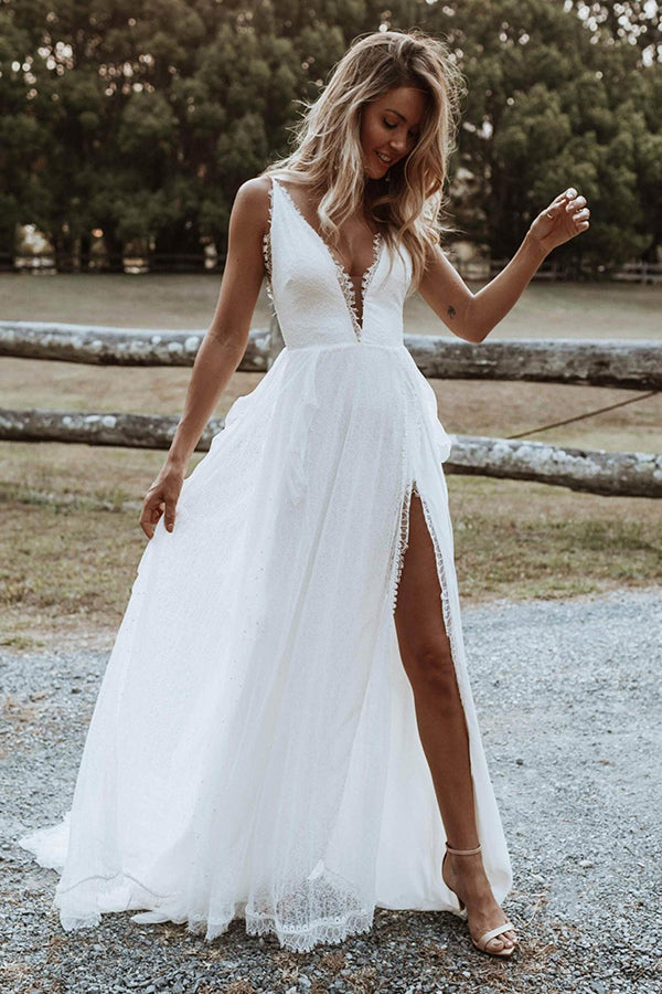 Simple Chiffon Beach Wedding Dresses Spaghetti Strap V Neck VW1198 –  Viniodress