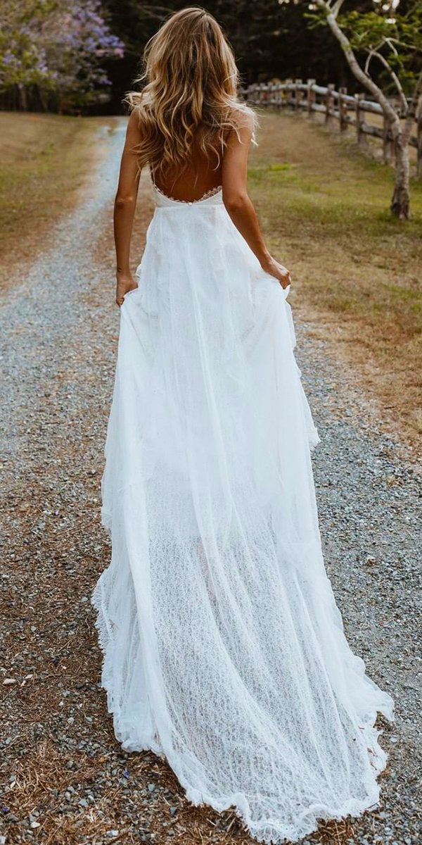 White Halter Lace Sweep Train Beach Wedding Dresses, Appliques Wedding –  Musebridals
