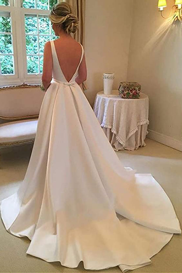 Satin open back wedding cheap dress