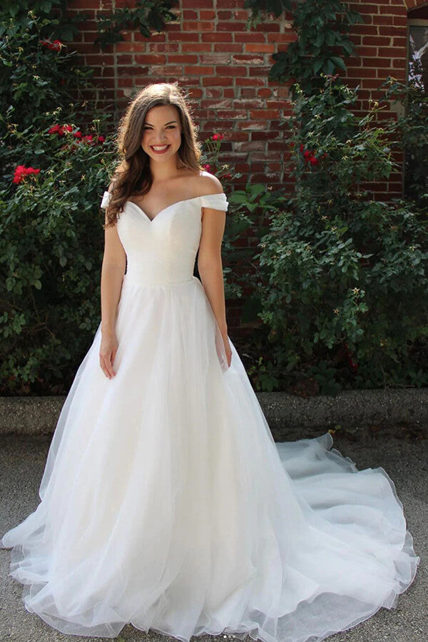 White Tulle A-line Off-the-Shoulder Wedding Dresses SW587