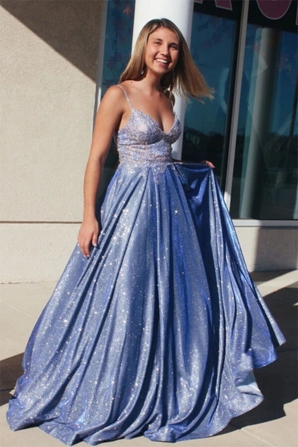 Glitter Light Blue Spaghetti Straps Long A Line Princess Prom Dresses –  Simibridaldresses