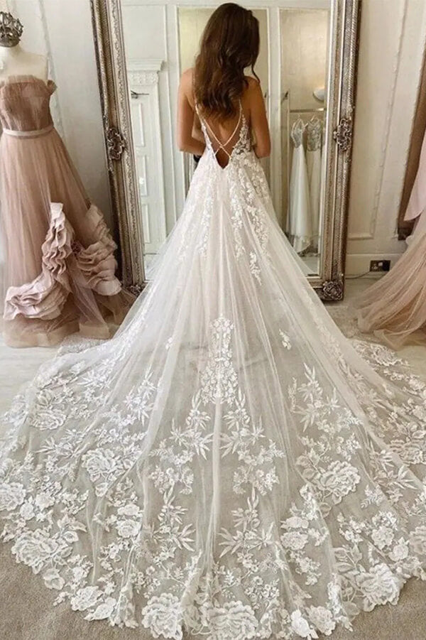 A Line Spaghetti Straps Backless Lace White Beach Wedding Dresses