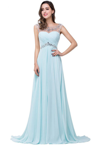 Light Sky Blue Backless Prom Gowns,Chiffon Beaded Long Prom Dresses ...