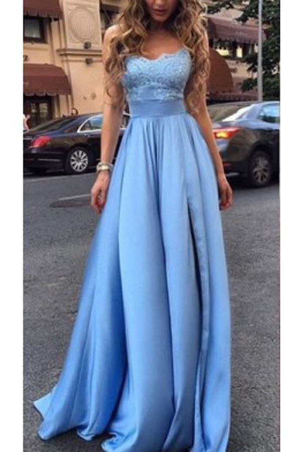 Beautiful Sky Blue Satin Sweetheart 3D Floral Long Prom Dresses with A –  Simidress