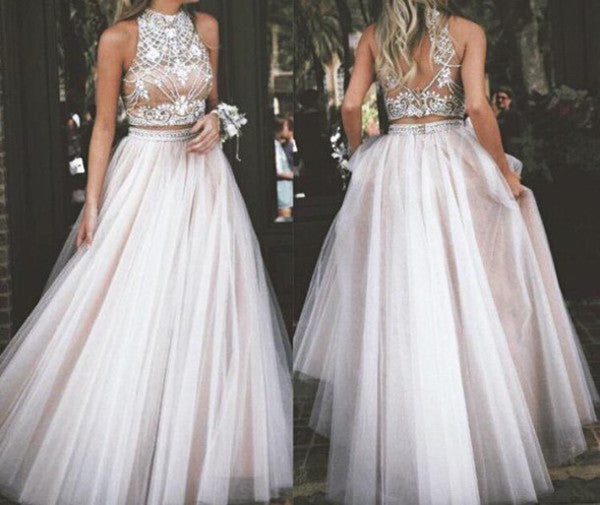 Two Pieces O-Neck Prom Dresses with Beading,hand Made Prom Gowns – Simidress